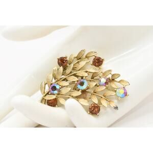 Vintage Lisner Topaz AB Rhinestone Floral Spray Brooch Gold Tone Signed